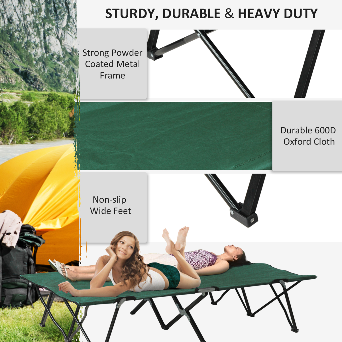 Double Folding Camping Cot for 2, Portable with Carry Bag, Green