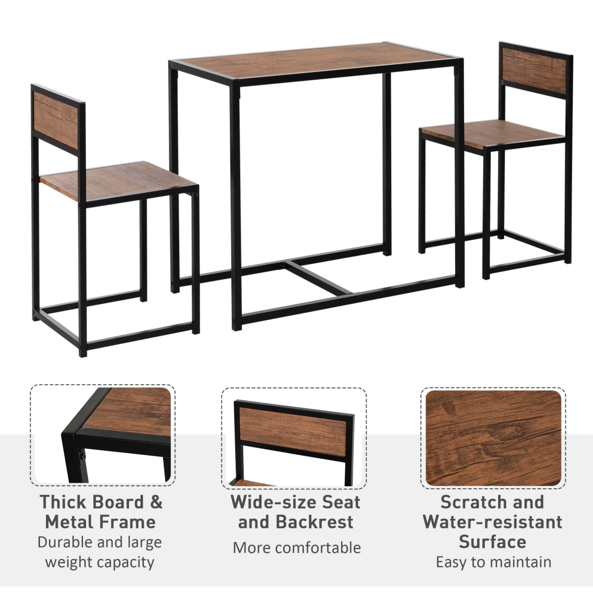 HOMCOM Industrial 3-Piece Bar Stool and Table Set, 2 Stool Chairs and Rectangular Table, Galvanised Steel Frame, Chestnut Brown MDF, Wood Tone