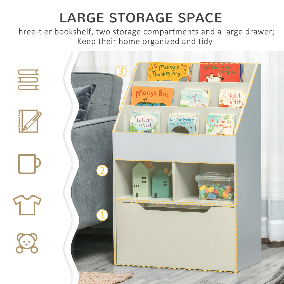 HOMCOM Kids Bookshelf with Toy Storage Drawer and Wheels, Grey