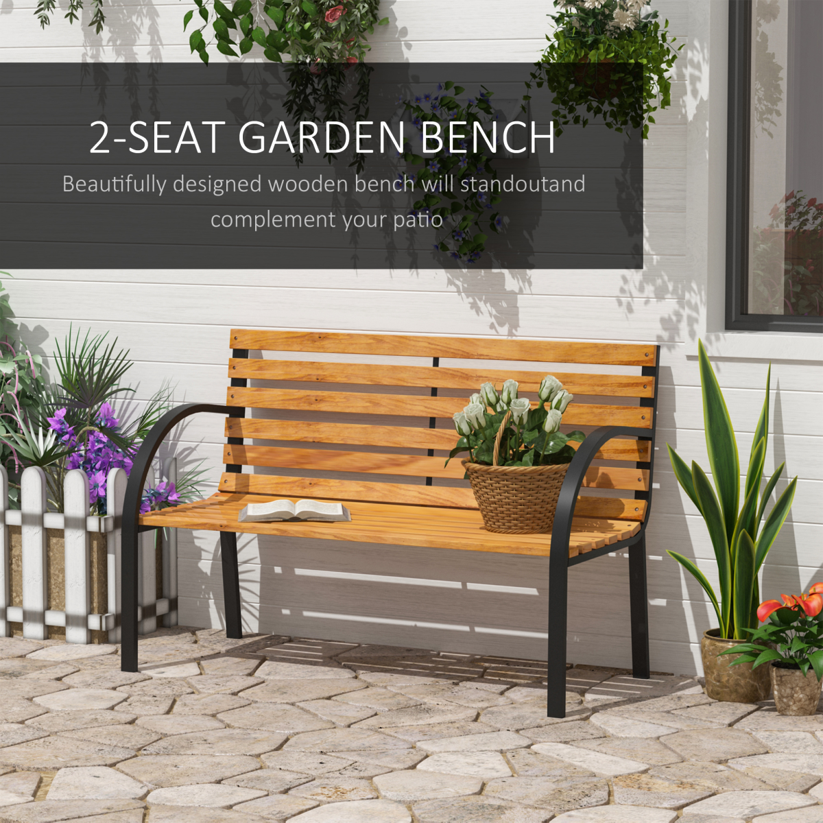 Outsunny Garden Bench, 2-Seater Steel and Hardwood, 122 x 60 x 80 cm