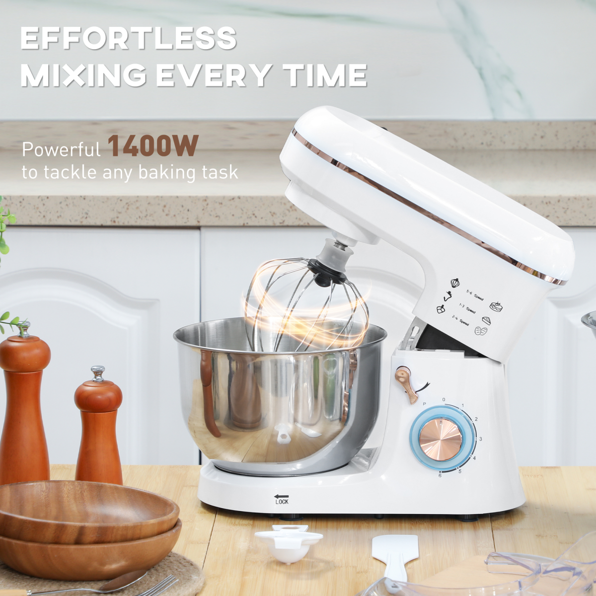 HOMCOM 5L 1400W Electric Stand Mixer with Whisk & Dough Hook, White