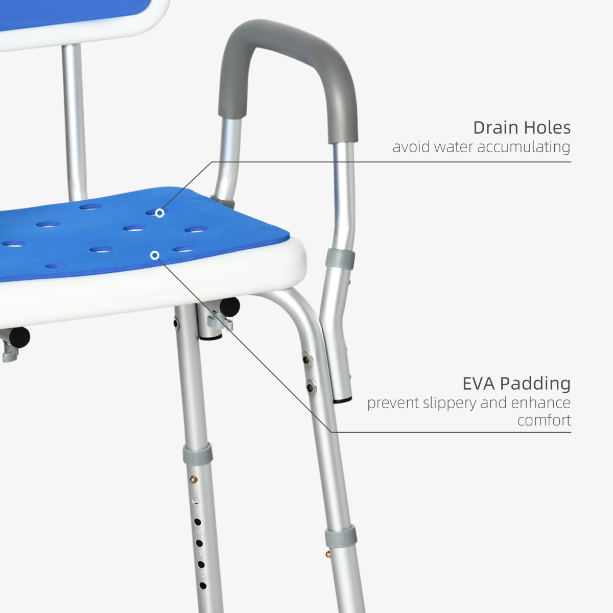 EVA Padded Adjustable Height Shower Stool with Back and Arms, 4 Suction Foot Pads