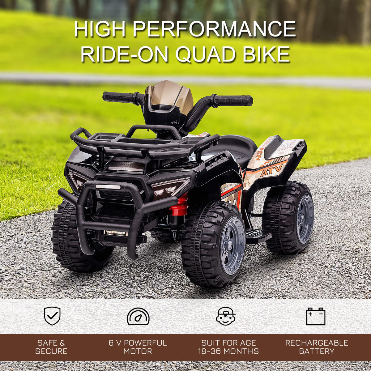 Kids Electric Ride-On ATV with Music, Black, 18-36 Months