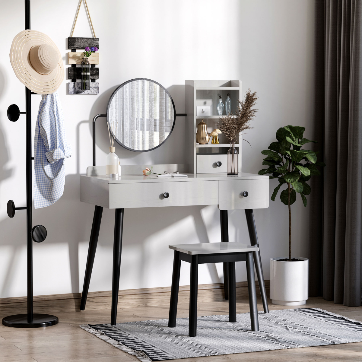 HOMCOM Dressing Table Set with Stool, 3 Drawers, Side Shelves and Fixed Mirror, Grey
