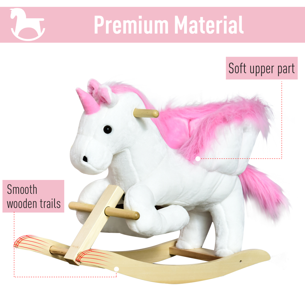 Kids Wooden Unicorn Rocking Horse Ride On Plush Toy with Soft Seat, Musical Button, Pink