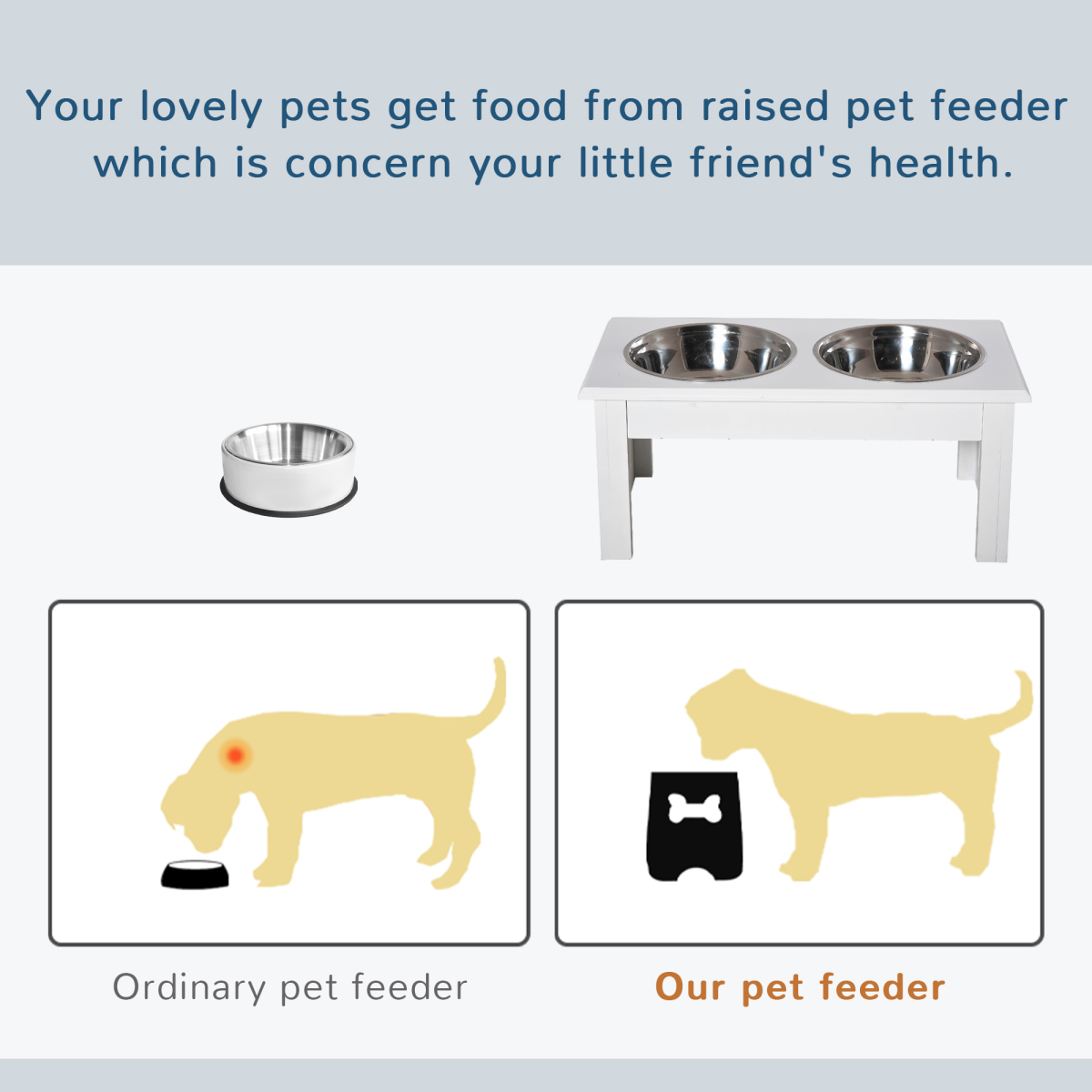 Elevated Pet Feeder Stand with 2 Stainless Steel Bowls, White
