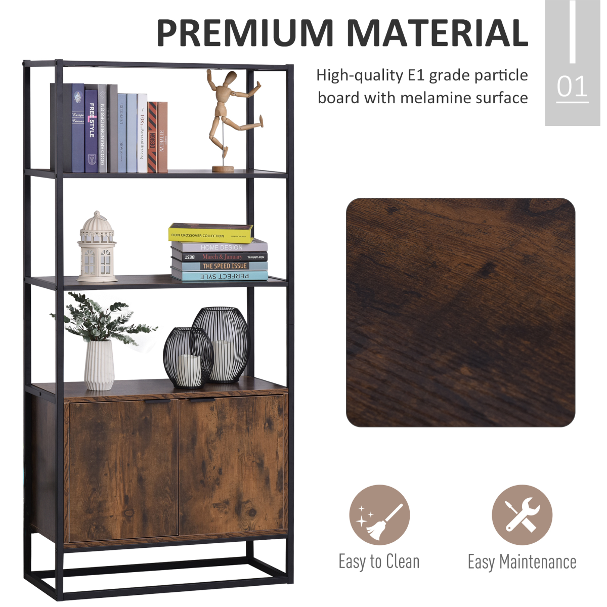 Industrial Style Storage Cabinet with 3 Open Shelves and Bottom Cabinet for Living Room Bedroom