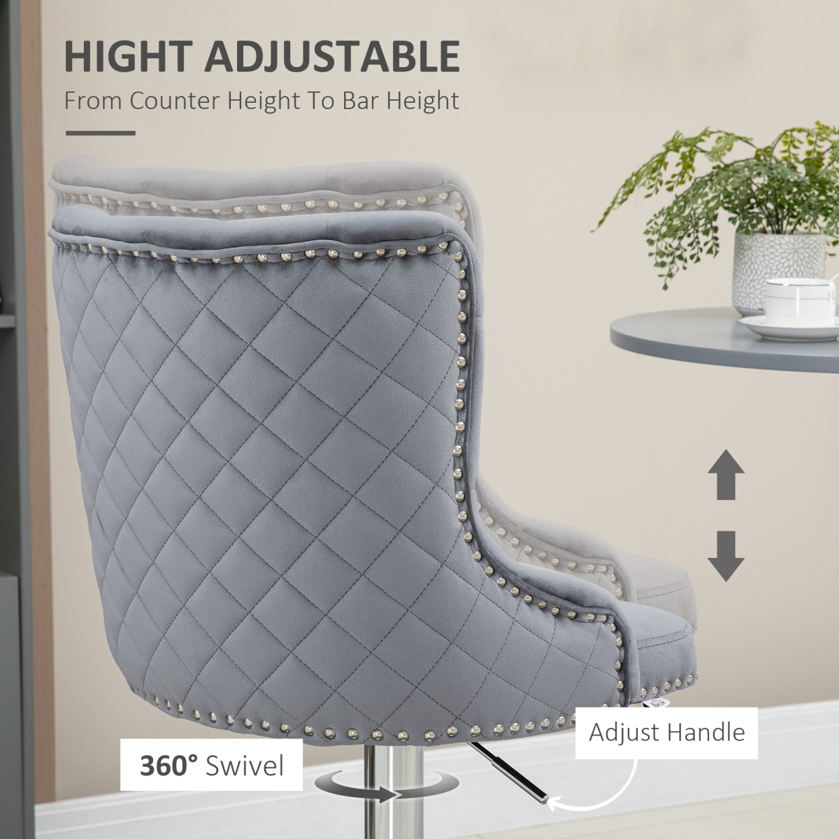 HOMCOM Set of 2 Adjustable Swivel Bar Stools with Backrest, Grey