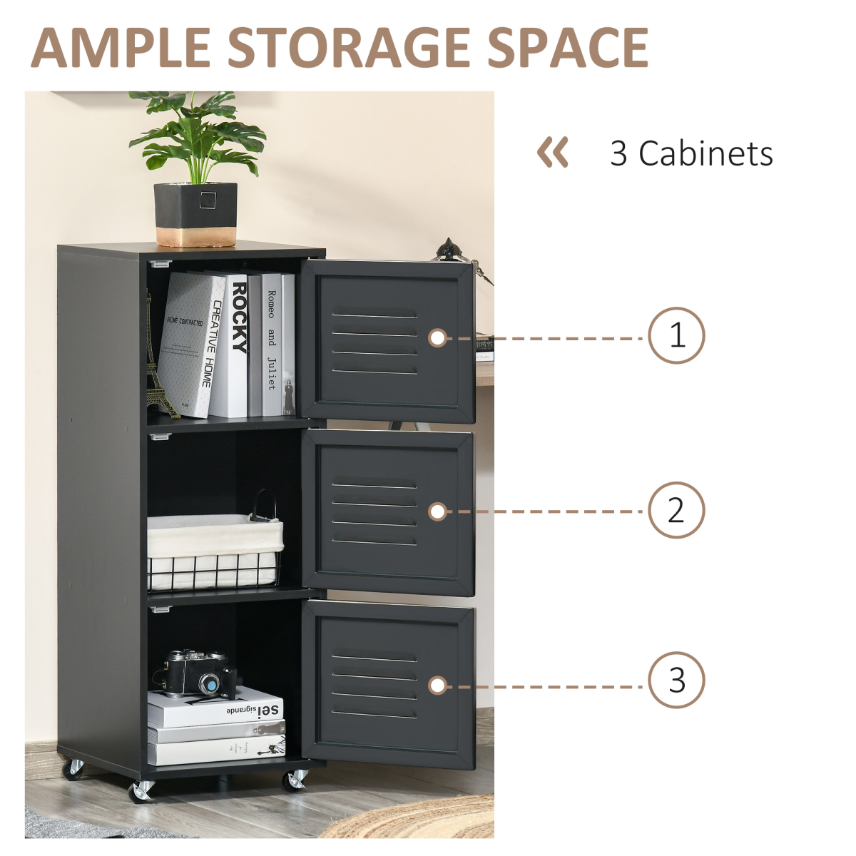 3-Tier Rolling Storage Cabinet with Wheels, Metal Doors, Black