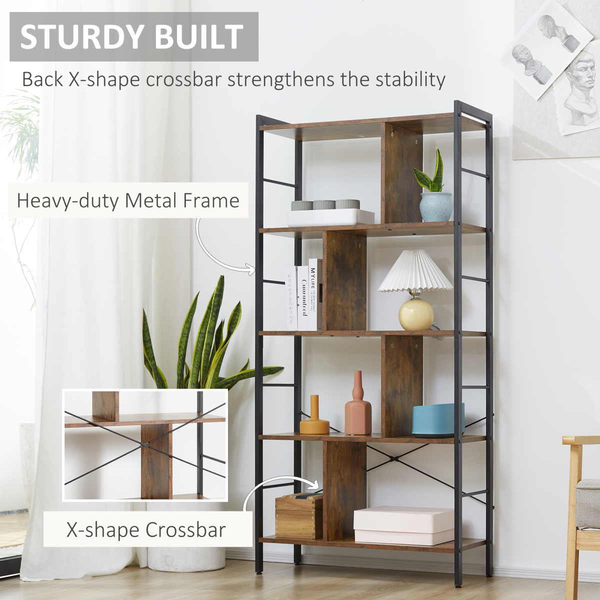 Industrial 5-Tier Storage Shelf Bookcase with Metal Frame, Floor Standing Display Rack, Brown and Black