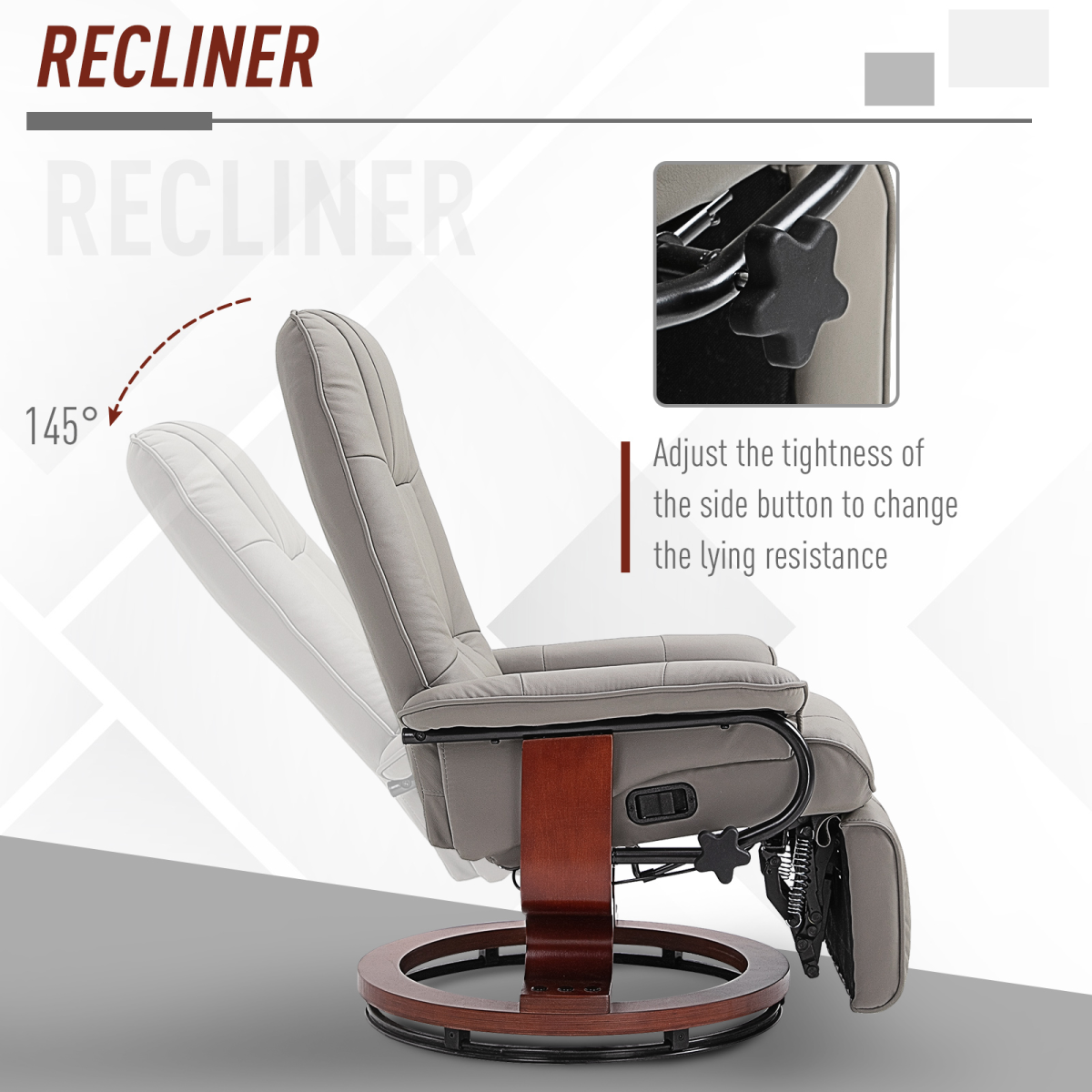 Grey PU Leather Recliner Armchair with Footrest and Wooden Base