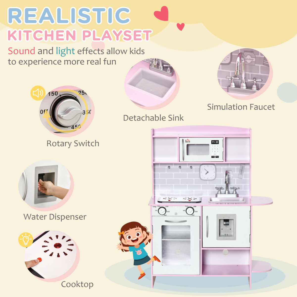 Kids Kitchen Playset with Lights and Sounds, Sink, Oven, Microwave, Ages 3-6, HOMCOM