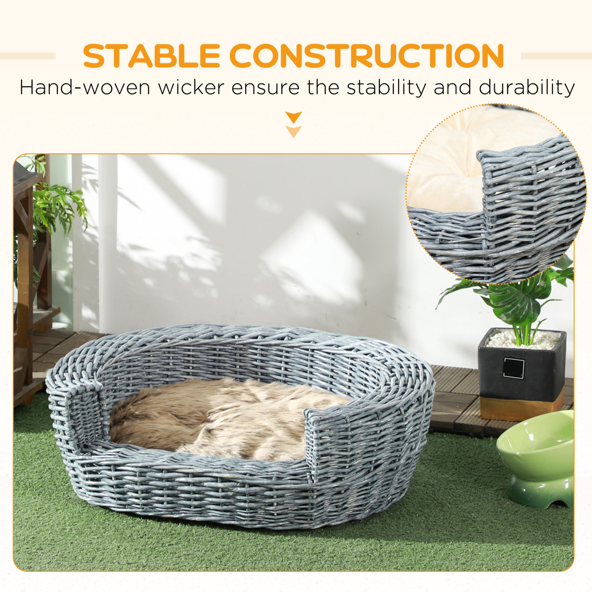 Elevated Wicker Willow Rattan Pet Basket Bed with Cushion for Cats and Dogs