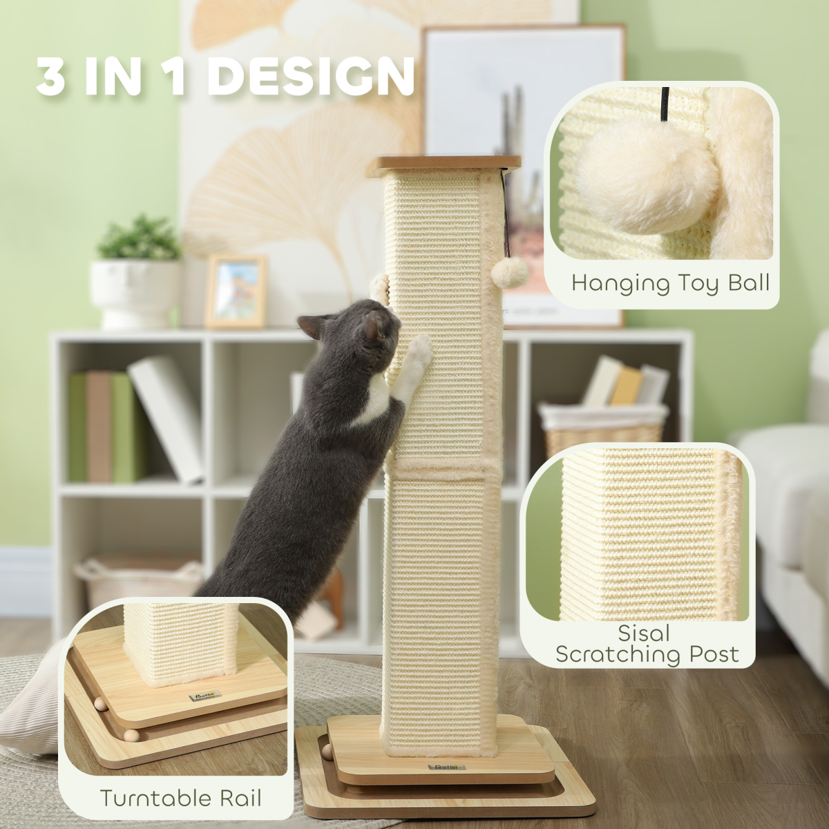 PawHut 87cm 3-in-1 Cat Scratching Post with Track Ball Toy
