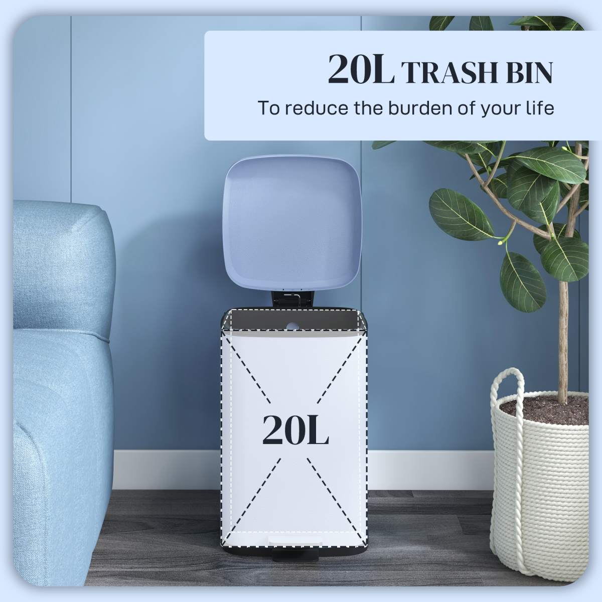 PawHut 20L Metal Kitchen Pedal Bin with Soft-Close Lid, Light Blue