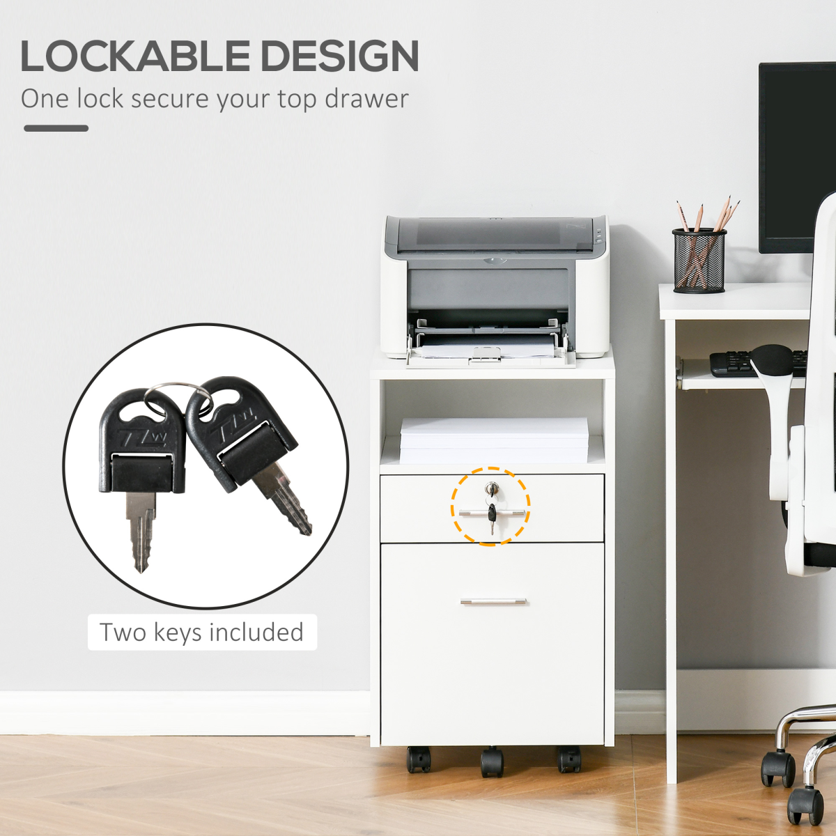 Mobile Lockable File Cabinet with Drawer, Open Shelf, 5 Wheels, White, Vinsetto