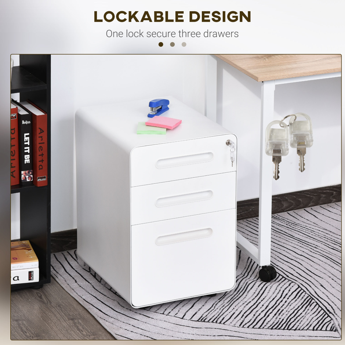 Modern 3-Drawer Steel Filing Cabinet with Lock, 4 Wheels, Pencil Box, White