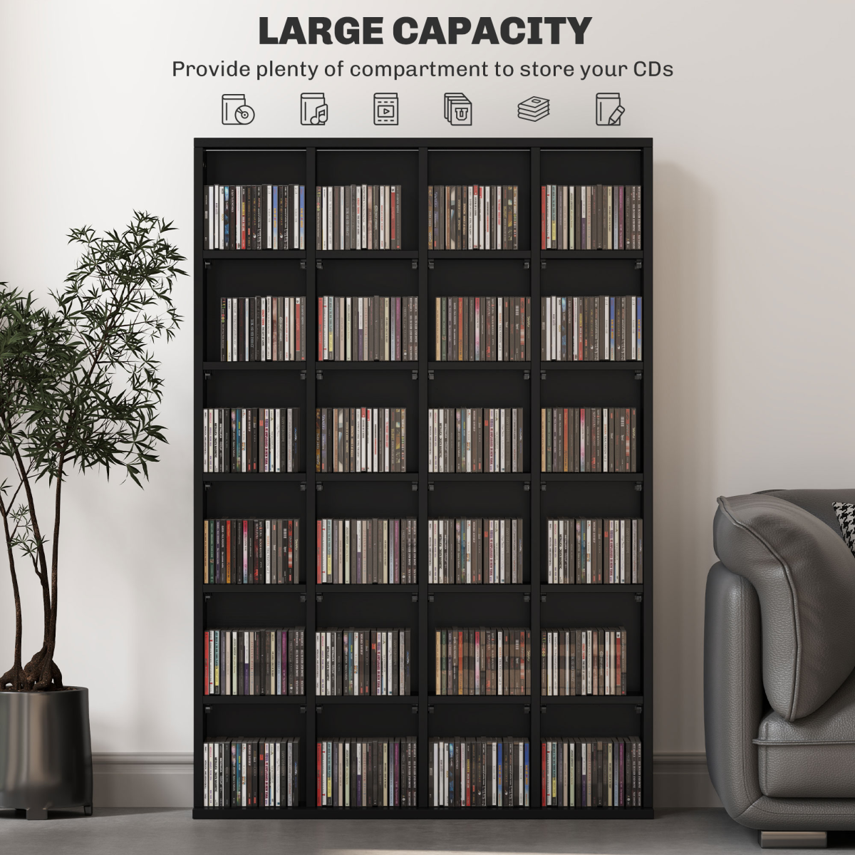 HOMCOM 24-Cube DVD CD Media Storage Rack with Adjustable Shelves, Black