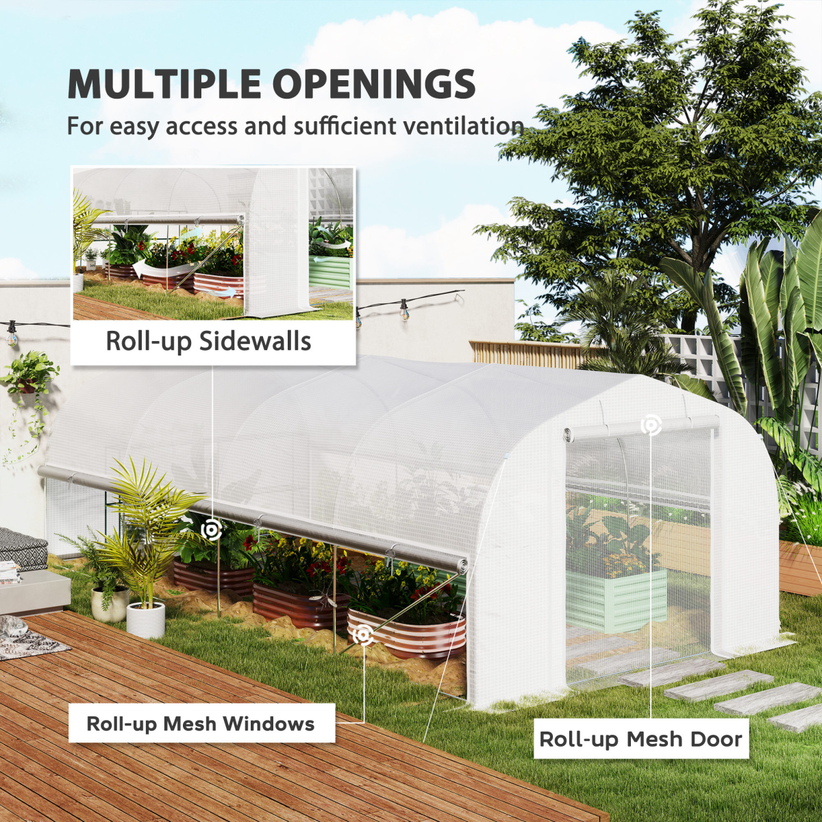 Outsunny Polytunnel Greenhouse with Roll-Up Sidewalls, Mesh Door, PE Cover, 6 x 3 x 2m