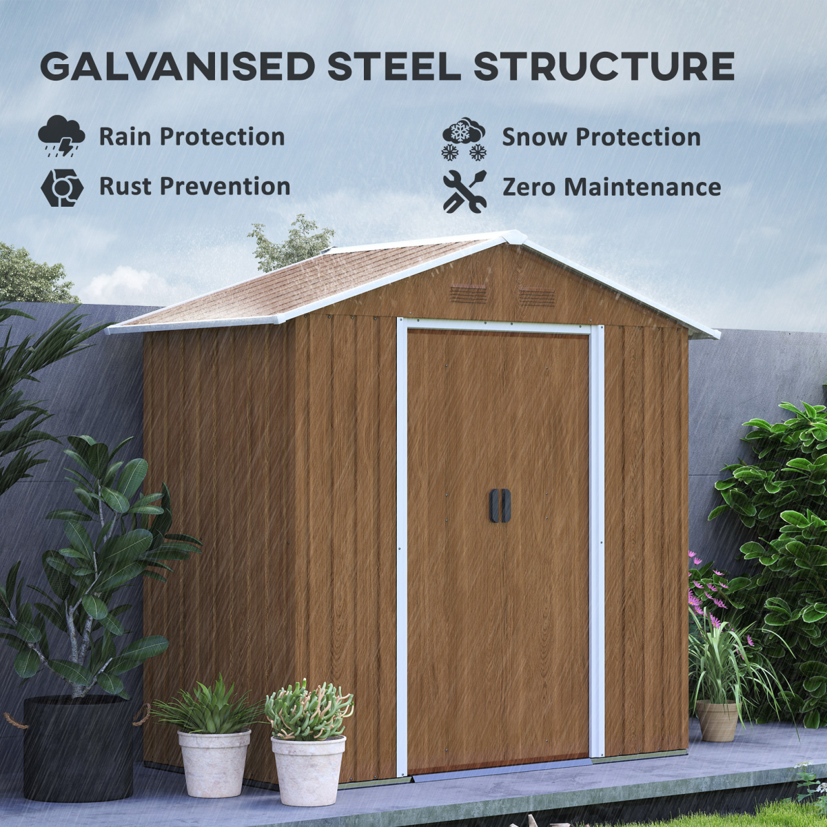 Outsunny 6.5 x 3.5ft Galvanised Steel Garden Shed, Brown Wood Effect