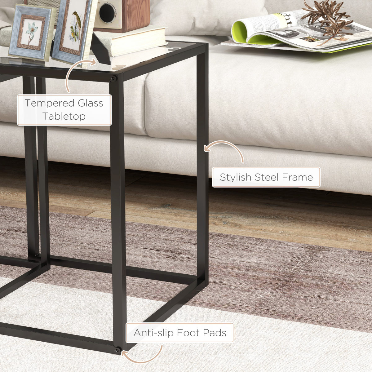 HOMCOM 2-Piece Nesting End Tables with Tempered Glass Top, Black
