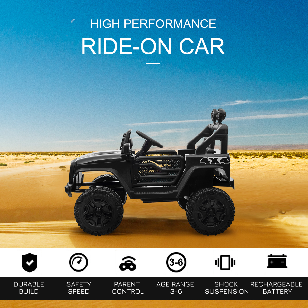 12V Kids Electric Ride On Off-Road Truck with Remote Control, LED Headlights, Seat Belt, Black HOMCOM