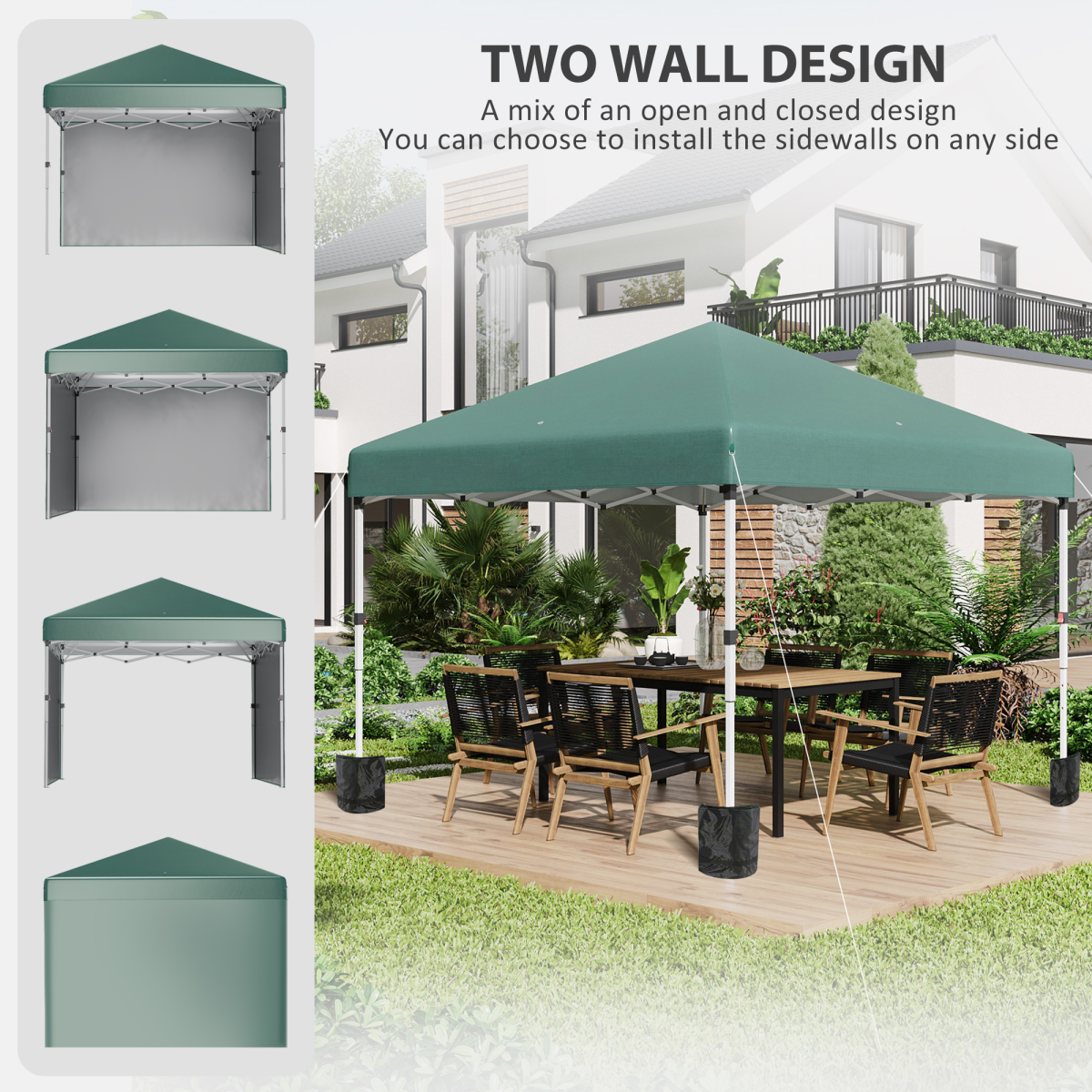 Outsunny 3 x 3 m Pop Up Gazebo Event Shelter with 2 Sidewalls and Sandbags, Green