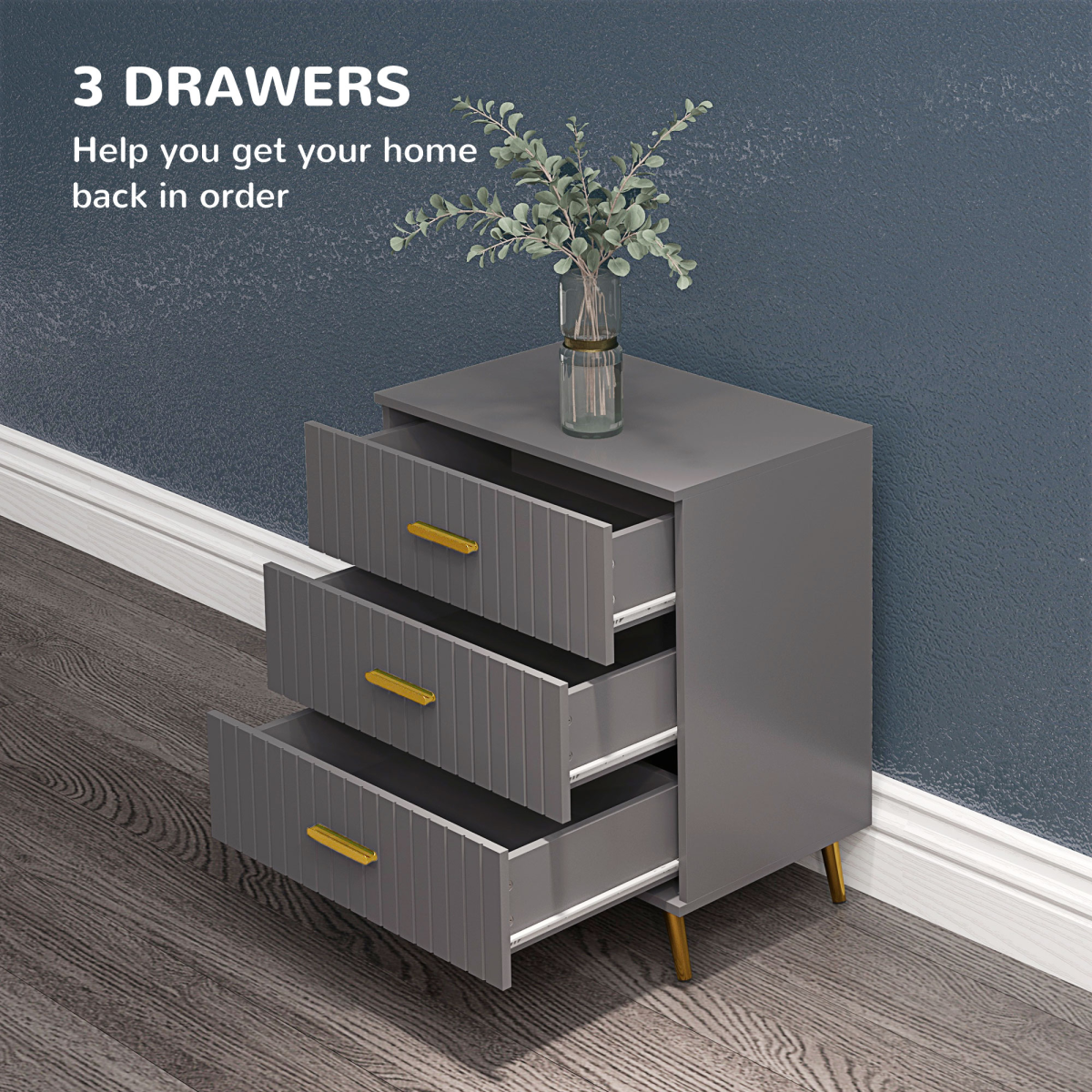 HOMCOM 3-Drawer Chest of Drawers with Aluminium Legs, Dark Grey