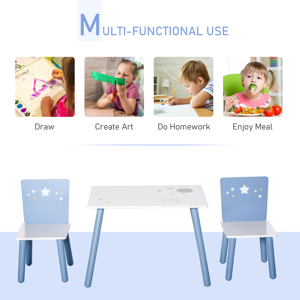 3 Piece Kids Table and 2 Chairs Set, White and Blue Stars and Balloon Design, Pine Wood Legs, Rounded Edges