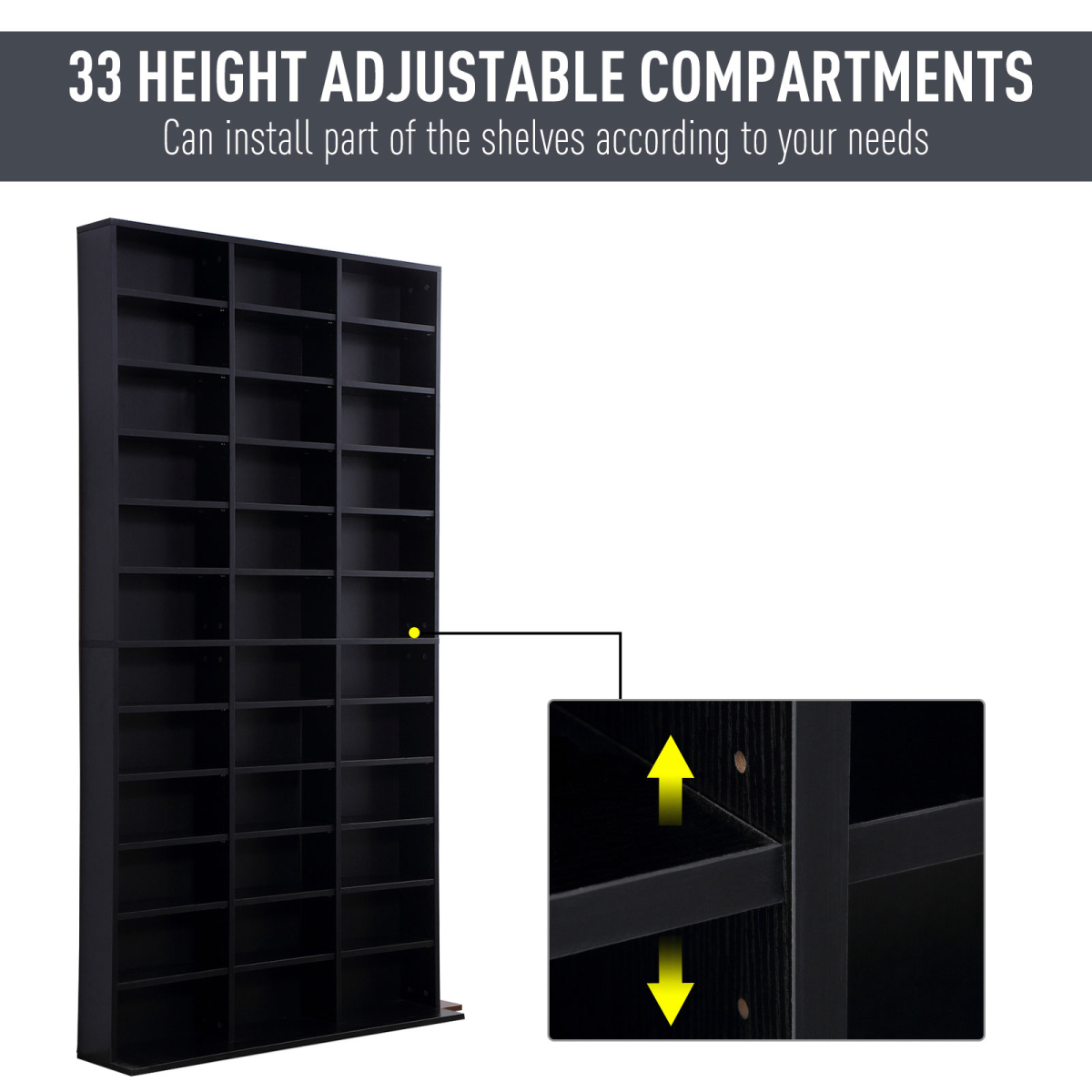 Black CD DVD Media Storage Bookcase, 33 Adjustable Compartments, Holds Up to 1116 CDs or 528 DVDs