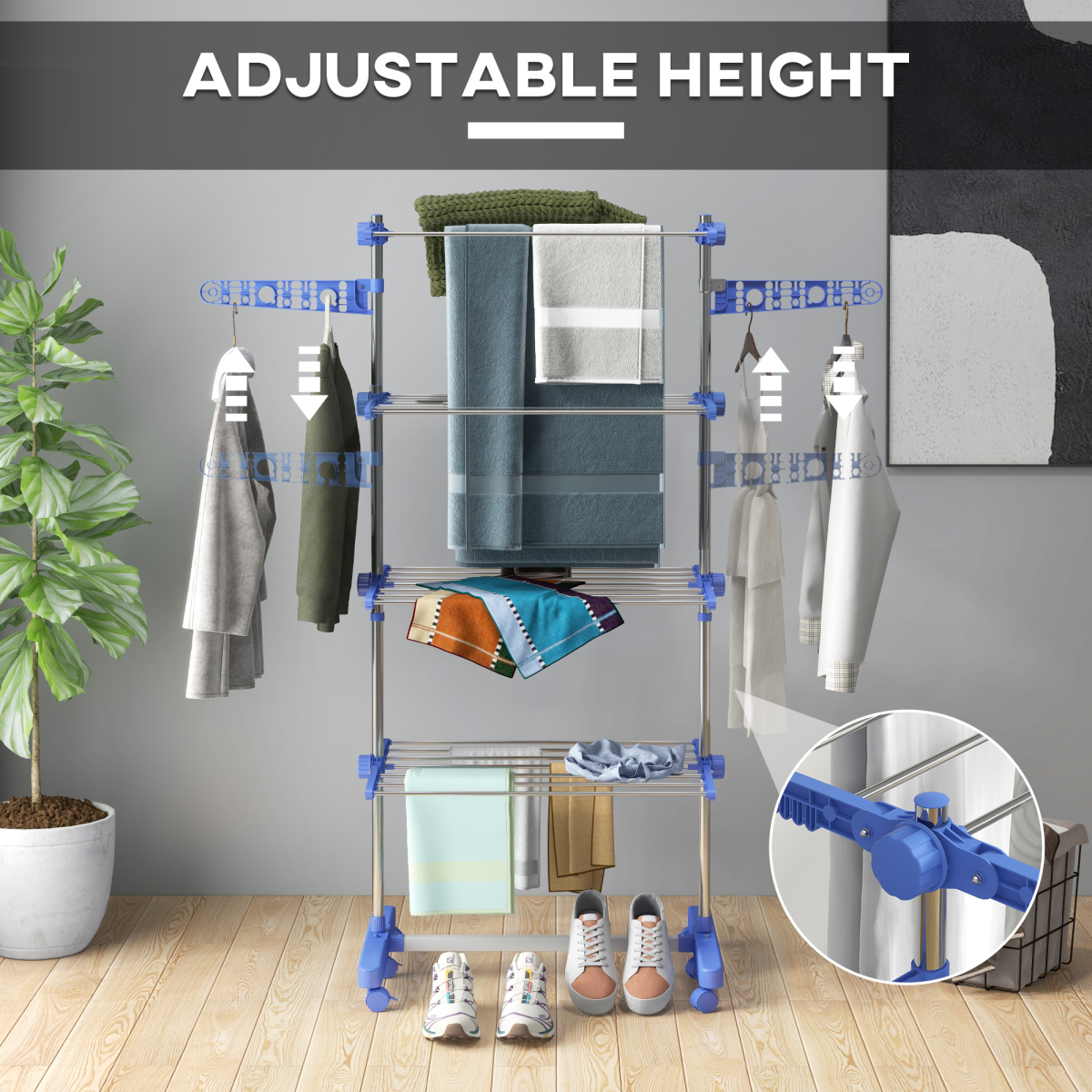 HOMCOM 4-Tier Foldable Stainless Steel Clothes Drying Rack, Blue