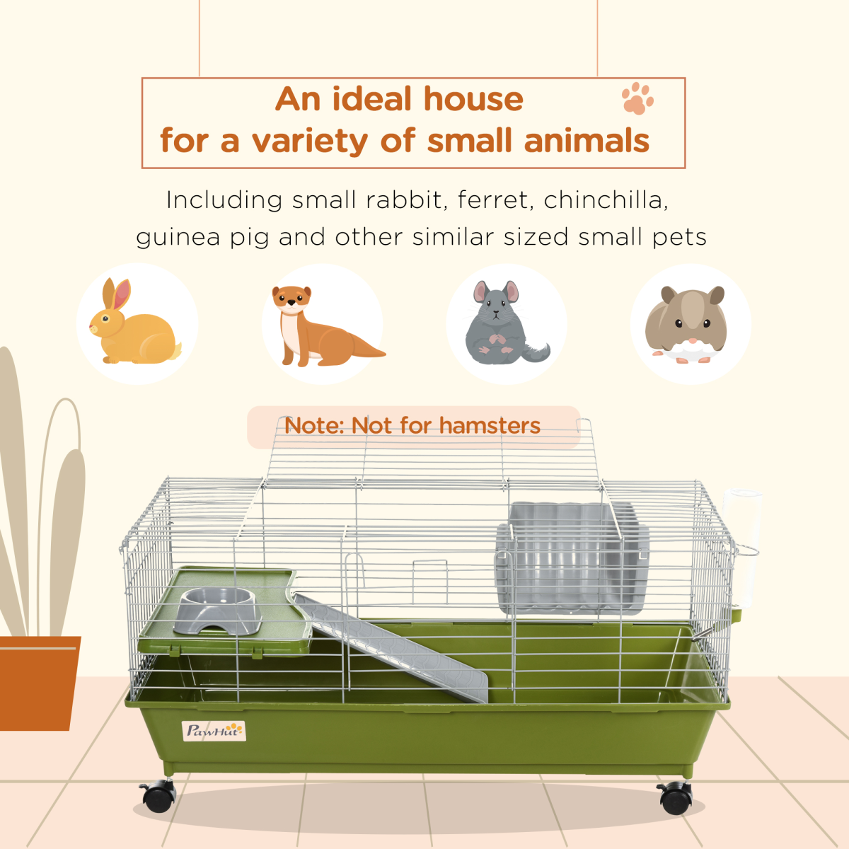 PawHut 89cm Small Animal Home Cage for Rabbits, Ferrets, Chinchillas and Guinea Pigs with Wheels, Platform, Ramp, Hay Feeder, Water Bottle and Food Dish