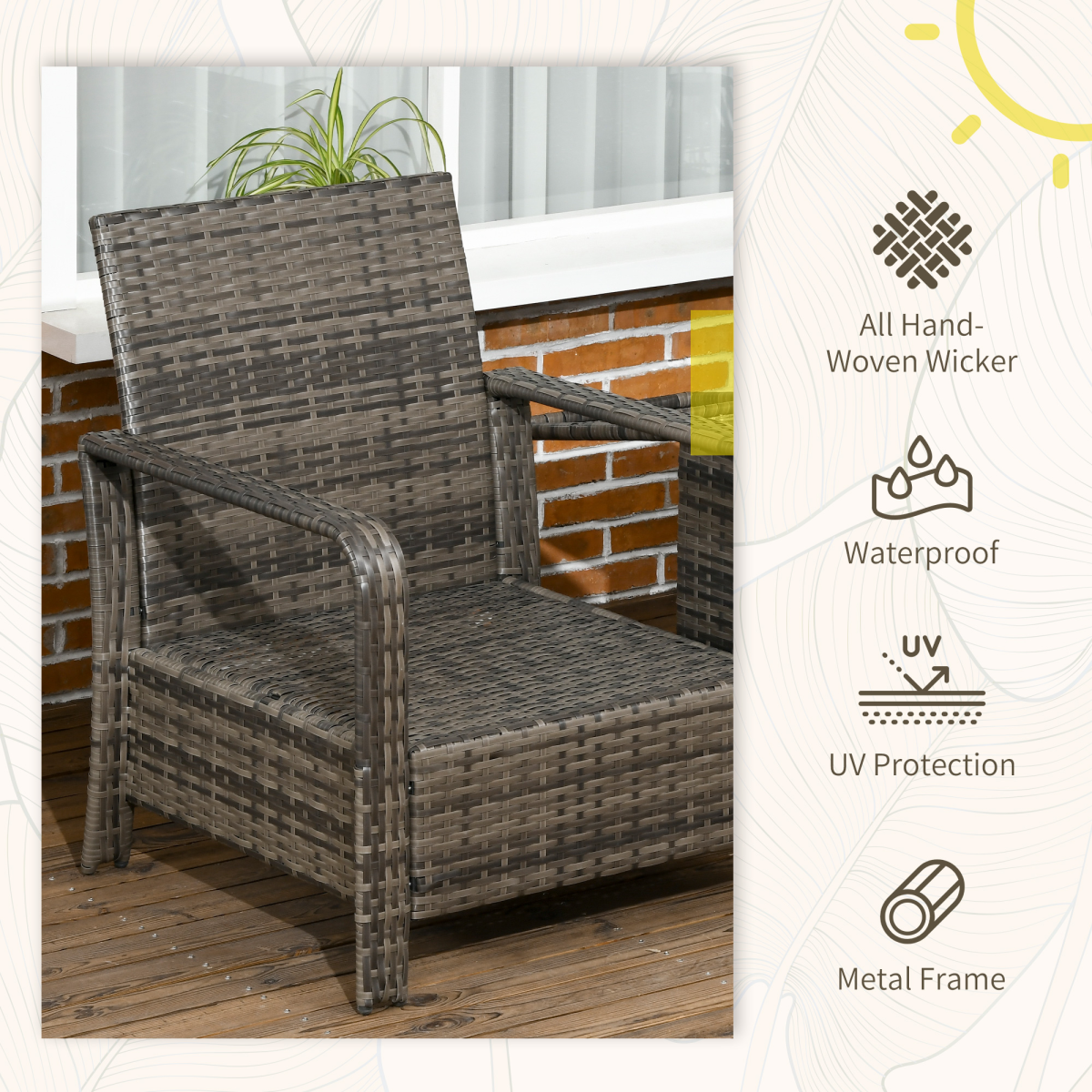 3-Piece PE Rattan Garden Sofa Set with 2 Armchairs and Storage Table, Grey, Outsunny