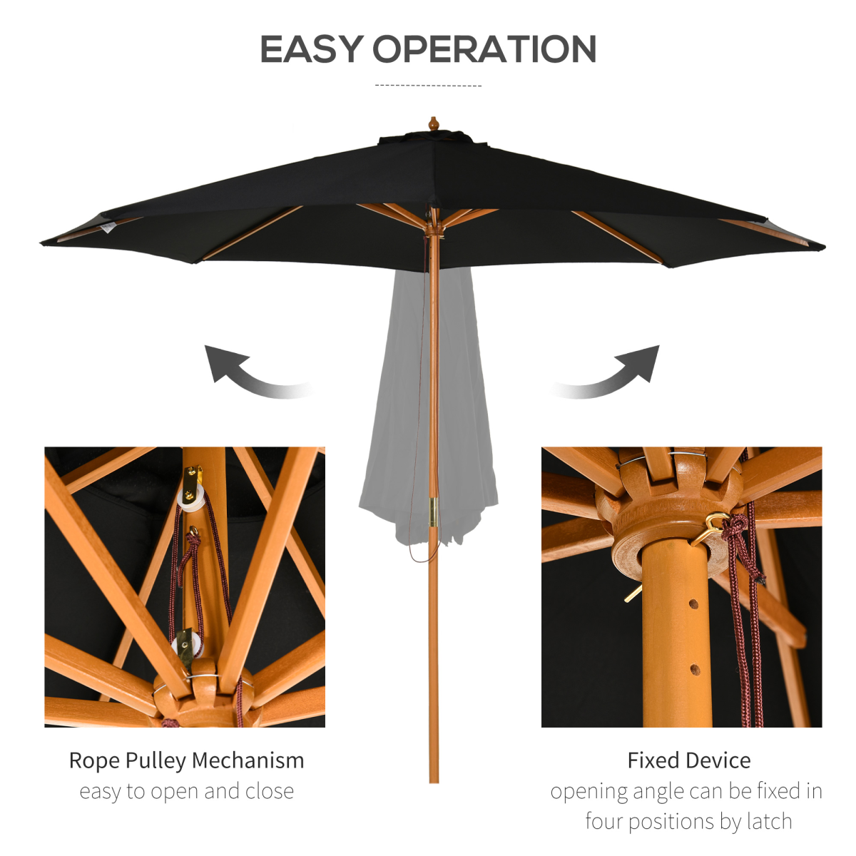 Outsunny Bamboo Wooden Market Patio Umbrella 3 x 2.5 m, Polyester Canopy, Adjustable Angle, Pulley Open and Close, Base Not Included