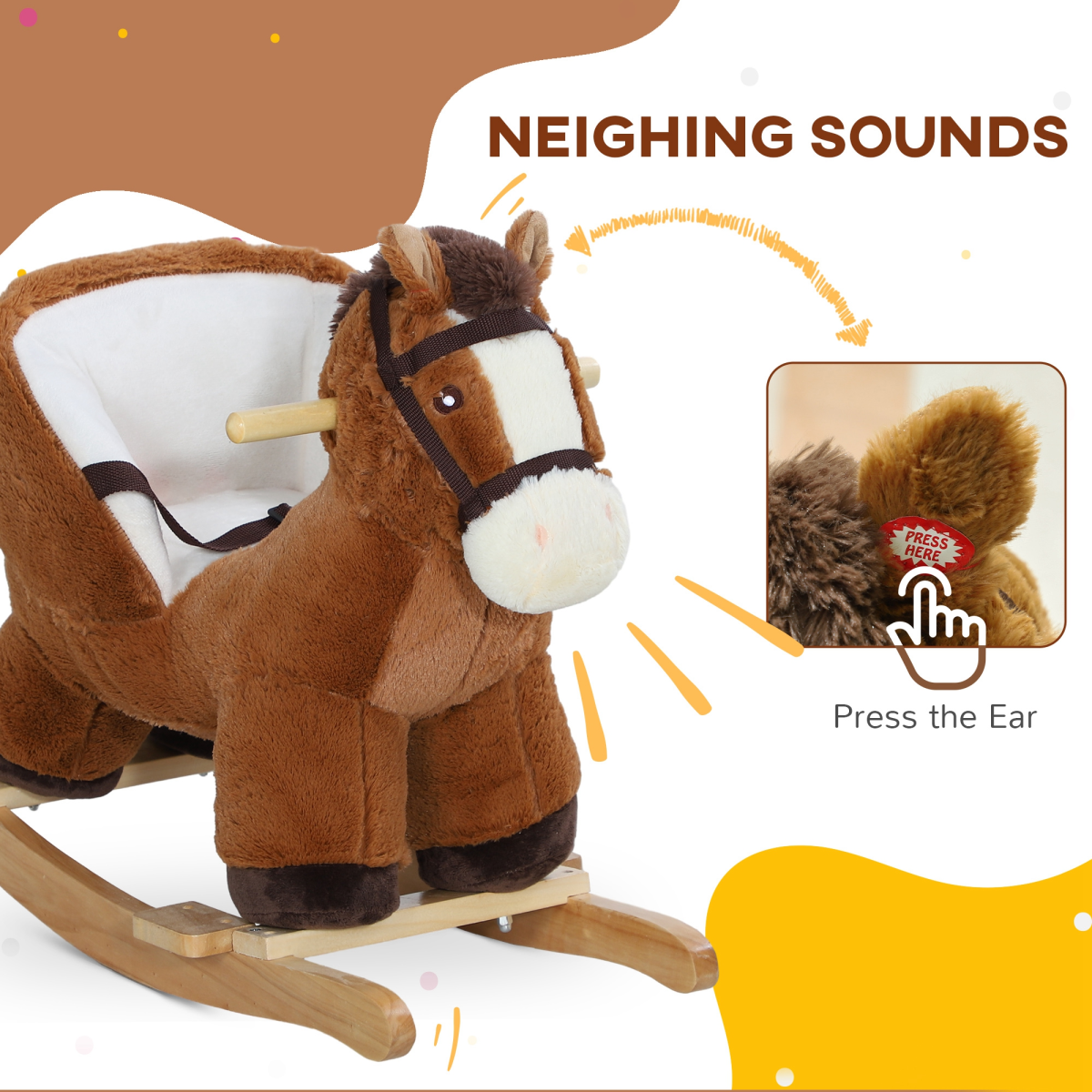 AIYAPLAY Kids Rocking Horse with Sound, Safety Belt, Brown
