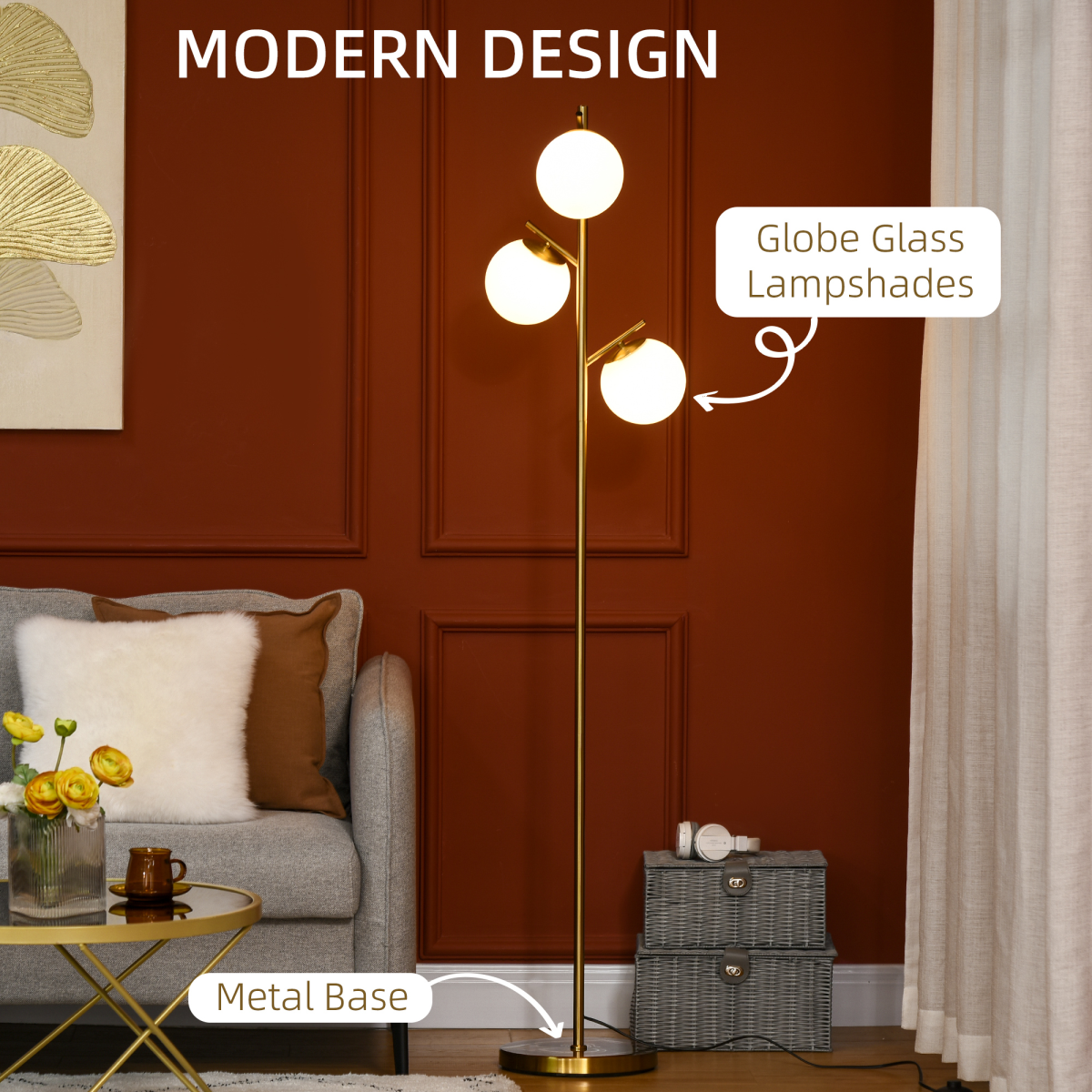 Modern 3-Light Gold Floor Lamp for Living Room & Bedroom