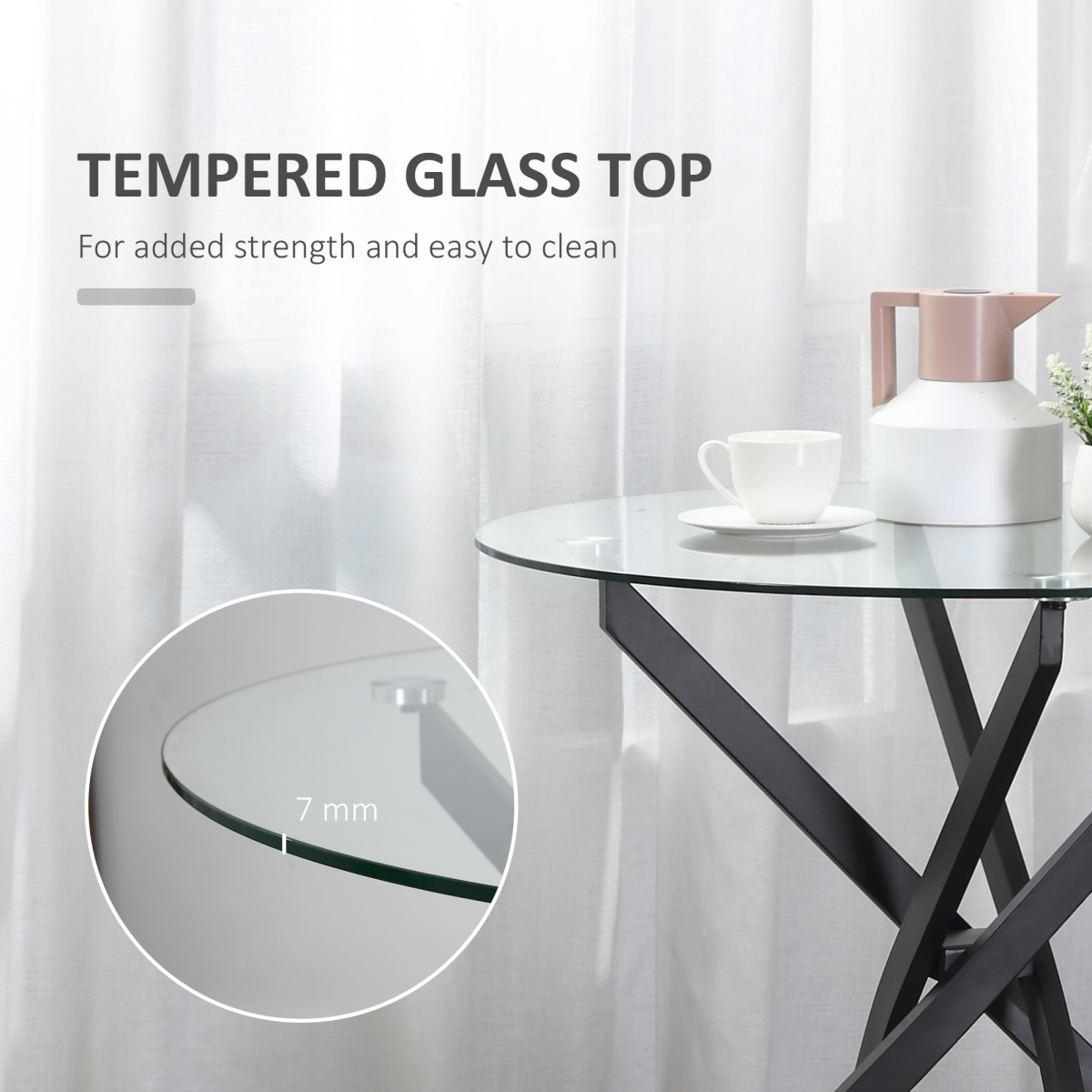 Clear Glass Round Side Table with Metal Frame, Black