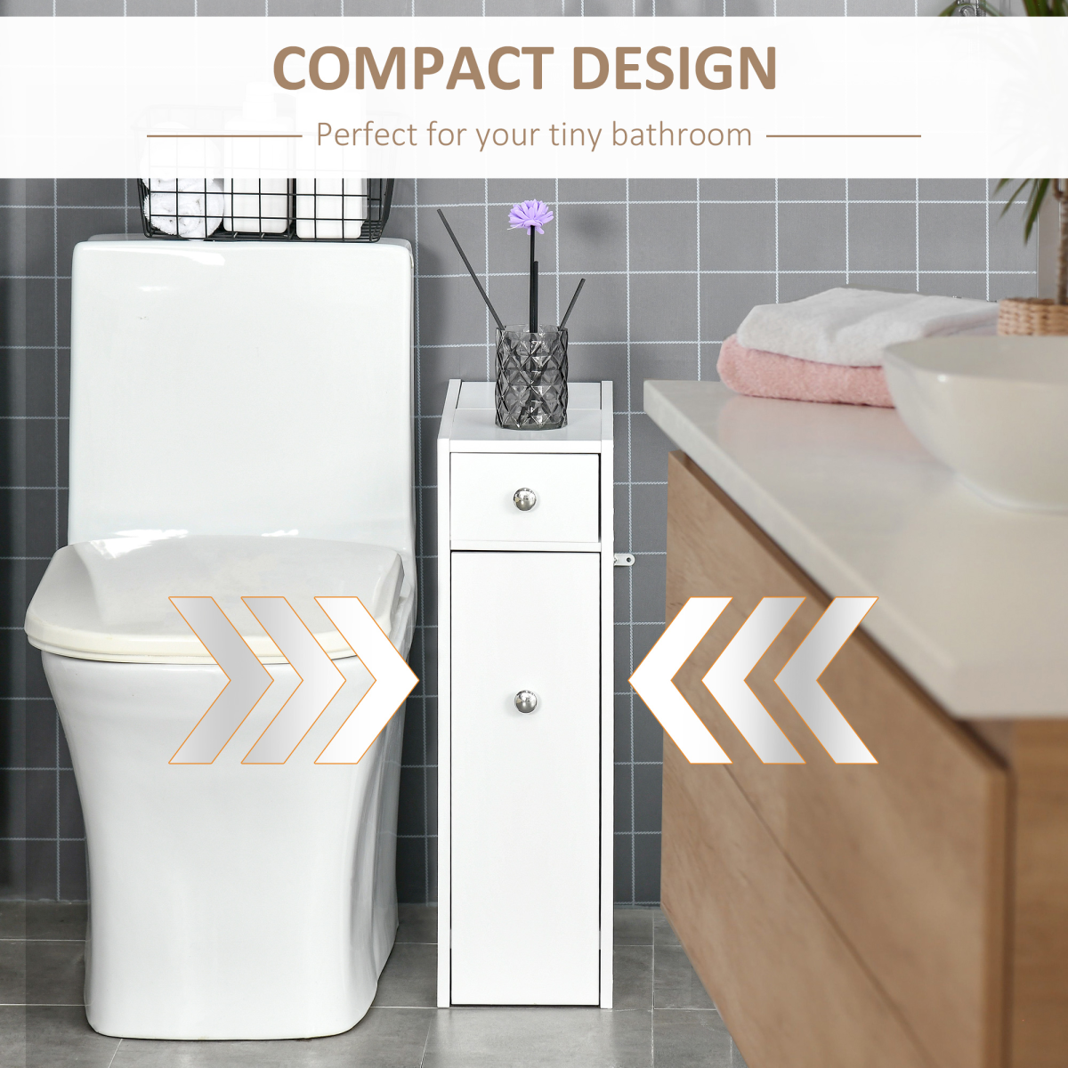 Slim White Bathroom Floor Cabinet with Large Drawer, Slide-Out Drawer and Top Tray, 58 x 17 x 48 cm