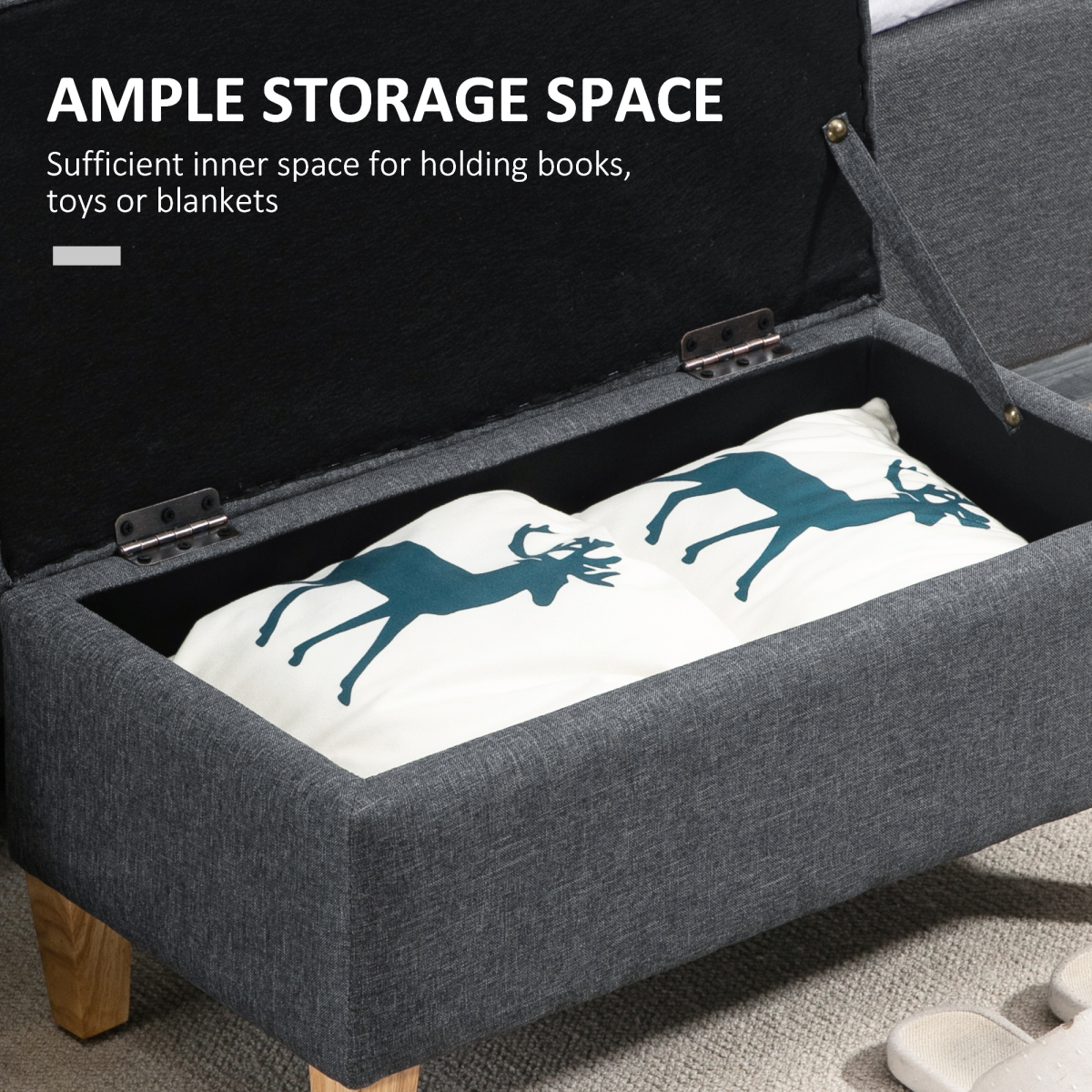 HOMCOM Grey Linen-Look Storage Ottoman Footstool, Padded Seat