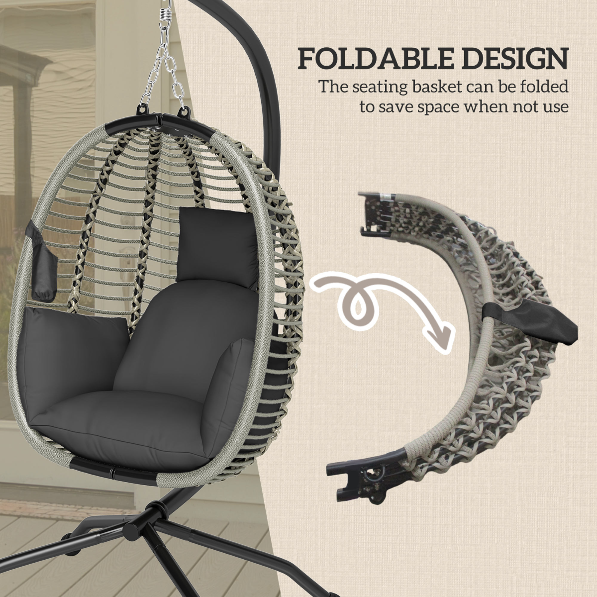 Outsunny Padded Folding Basket Chair with Cup Holders, Dark Grey