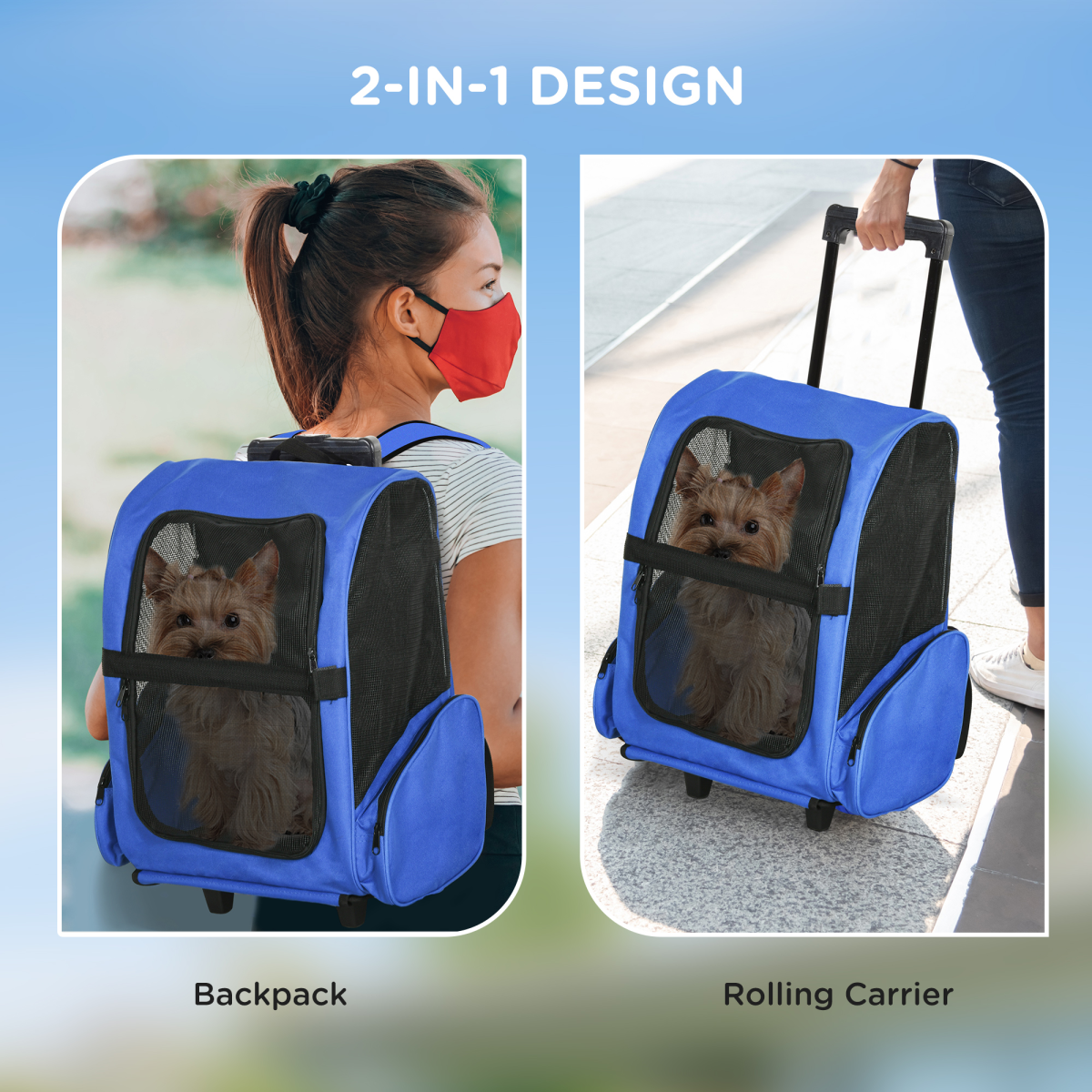 PawHut 2-in-1 Pet Travel Backpack Trolley Carrier with Detachable Wheels and Adjustable Pull Rod