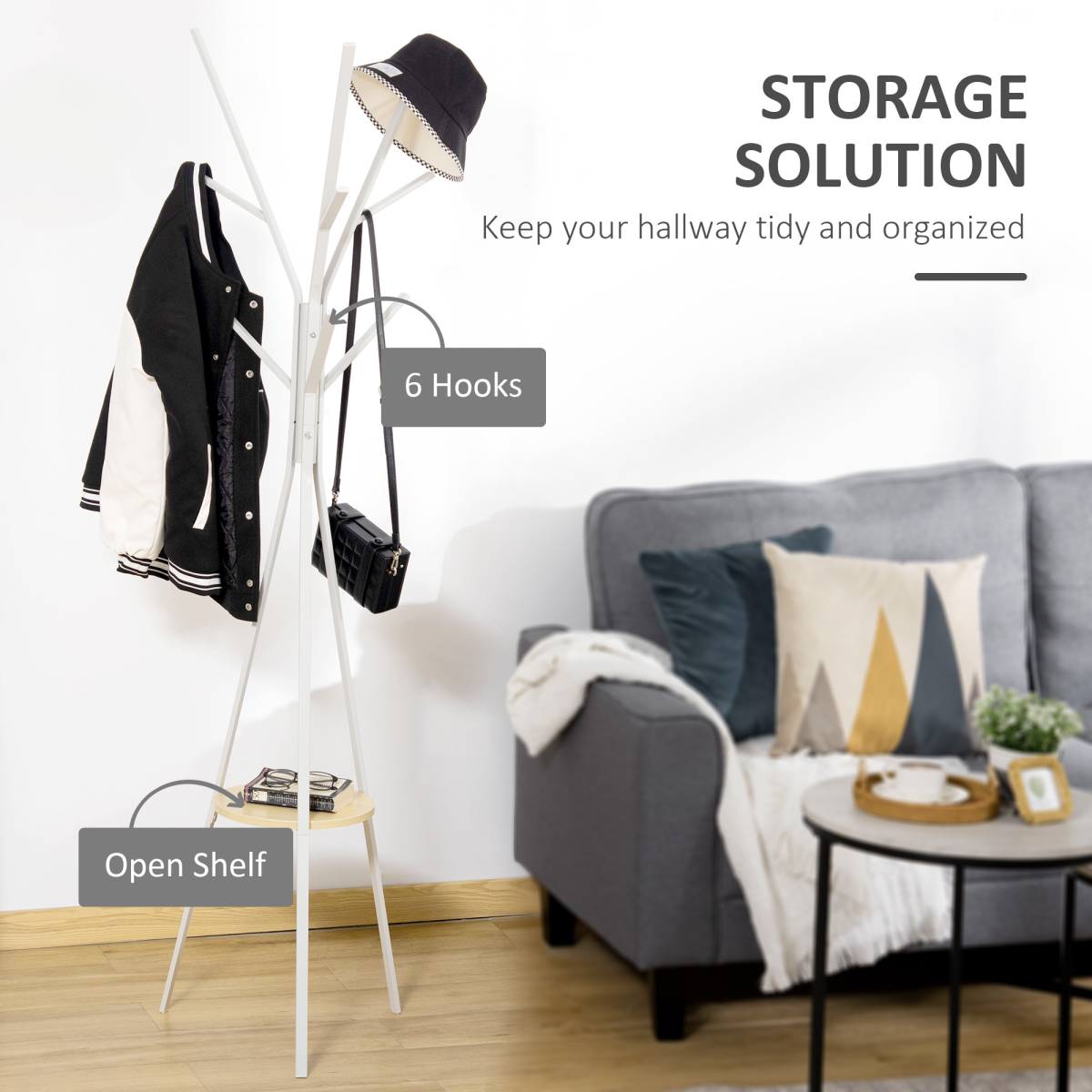 HOMCOM 180cm Metal Coat Rack Hall Tree with 9 Hooks and Bottom Shelf