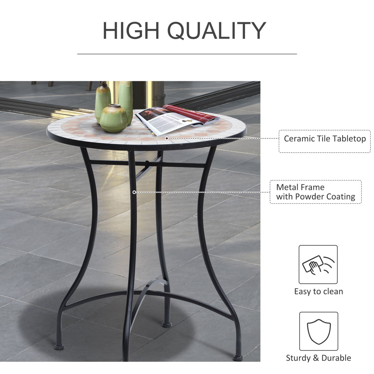 Outsunny Mosaic Patio Table 60x71H cm, Steel Frame, Ceramic Top