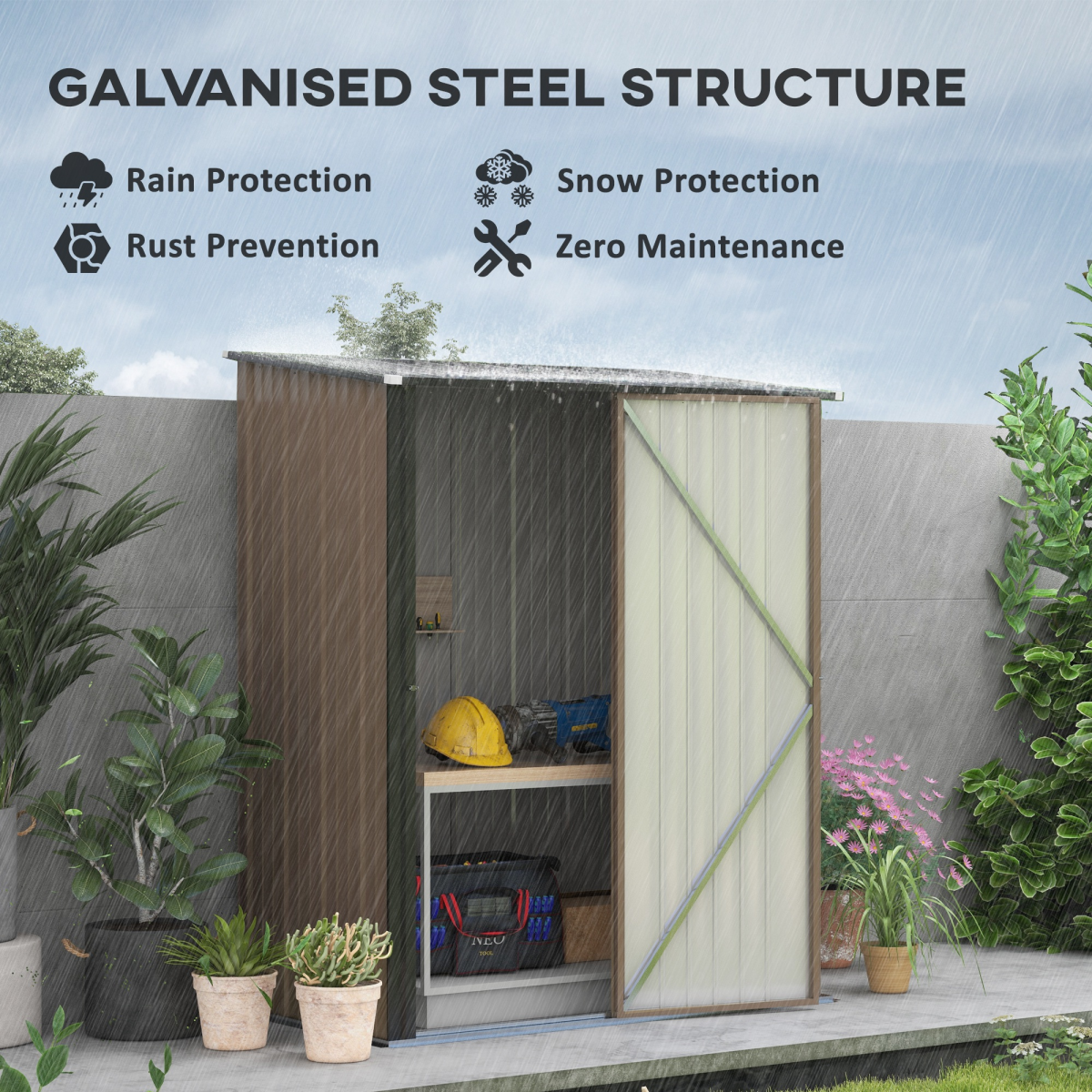 Outdoor Steel Garden Storage Shed with Lockable Door and Sloped Roof for Backyard