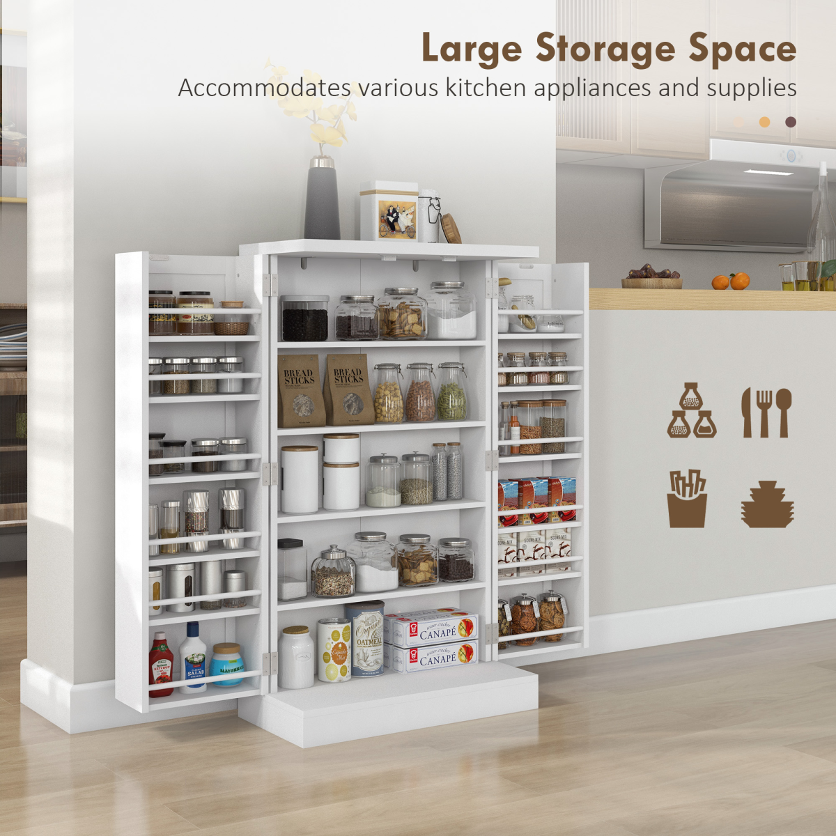 HOMCOM White Kitchen Cupboard, 5-Tier Shelf, Double Doors, 12 Spice Racks