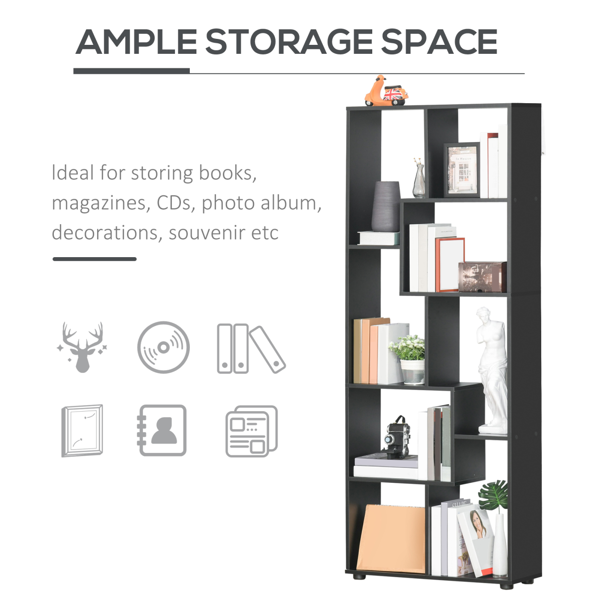 HOMCOM 178cm Black 8-Shelf Bookcase with Melamine Surface and Foot Pads, Multipurpose 8-Grid Storage