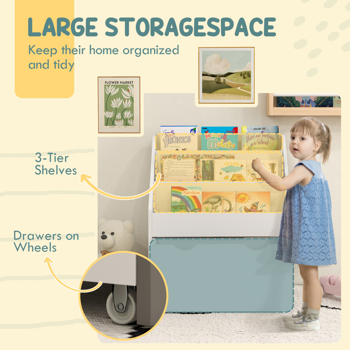 AIYAPLAY Kids Bookcase with 3-Tier Shelves and Drawer, White