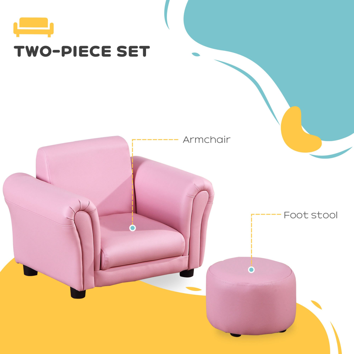 HOMCOM Kids Pink Sofa and Footstool Set, 18+ Months