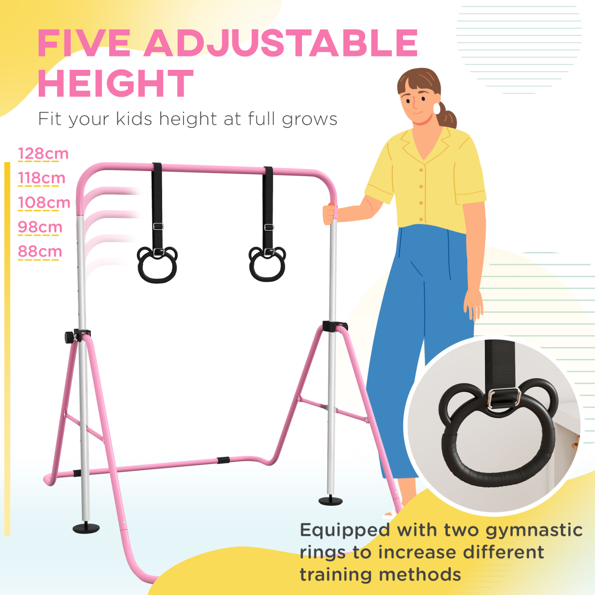 HOMCOM Adjustable Foldable Kids Gymnastics Bar with Non-Slip Mats, Pink