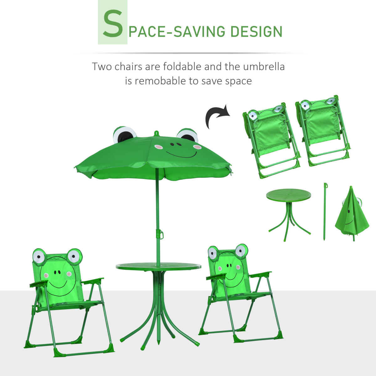 Foldable Kids Metal Patio Picnic Table Set with 2 Chairs and Parasol Umbrella, 4-Piece